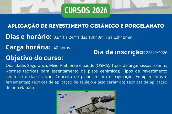 Palotina abre pré-inscrições para curso de aplicação de revestimento cerâmico e porcelanato