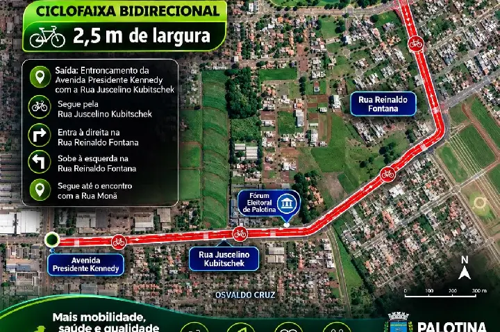 Palotina cumpre TAC do Ministério Público com nova ciclofaixa bidirecional nas ruas Juscelino Kubitschek e Reinaldo Fontana.