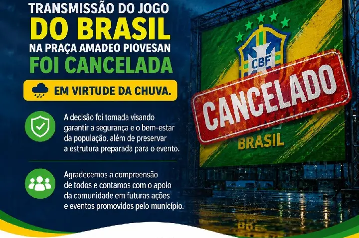 Transmissão do jogo da Seleção Brasileira na Praça Amadeo Piovesan é cancelada devido à chuva
