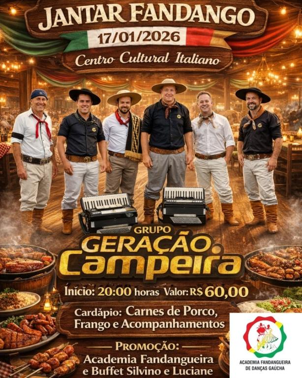 Jantar com Fandango acontece no próximo sábado no Centro Cultural Italiano