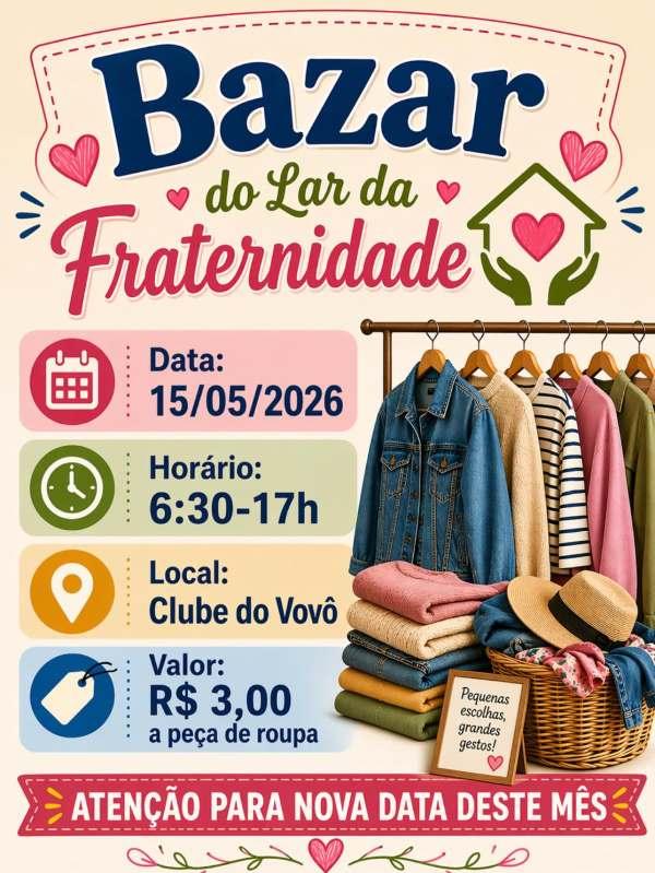 Lar da Fraternidade realiza Bazar Solidário com peças a R$ 3 nesta sexta-feira 15/05 em Palotina
