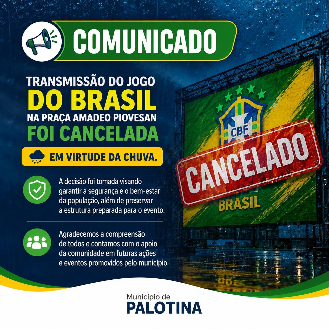 Transmissão do jogo da Seleção Brasileira na Praça Amadeo Piovesan é cancelada devido à chuva