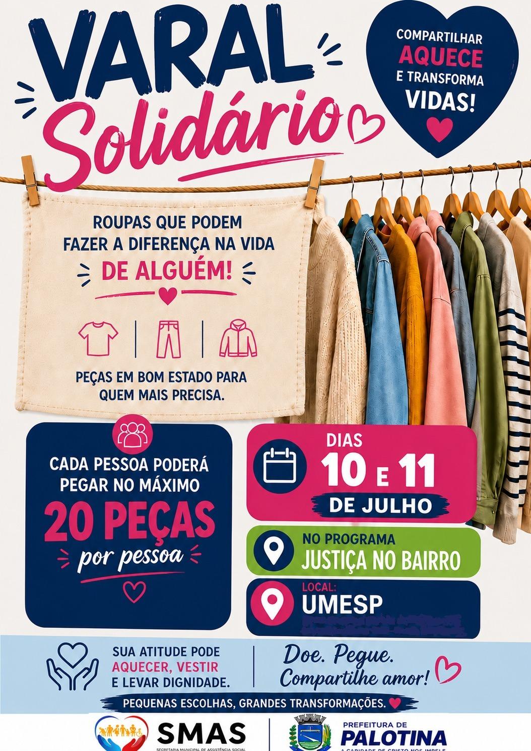 Varal Solidário será realizado durante o Programa Justiça no Bairro em Palotina
