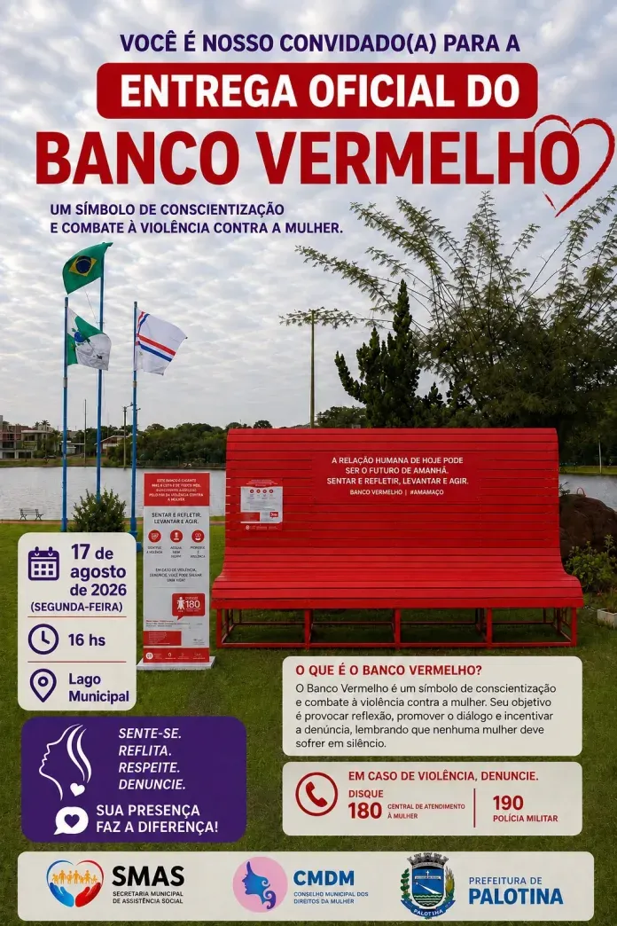Prefeitura de Palotina instala Banco Vermelho no Lago Municipal para conscientização sobre violência contra a mulher