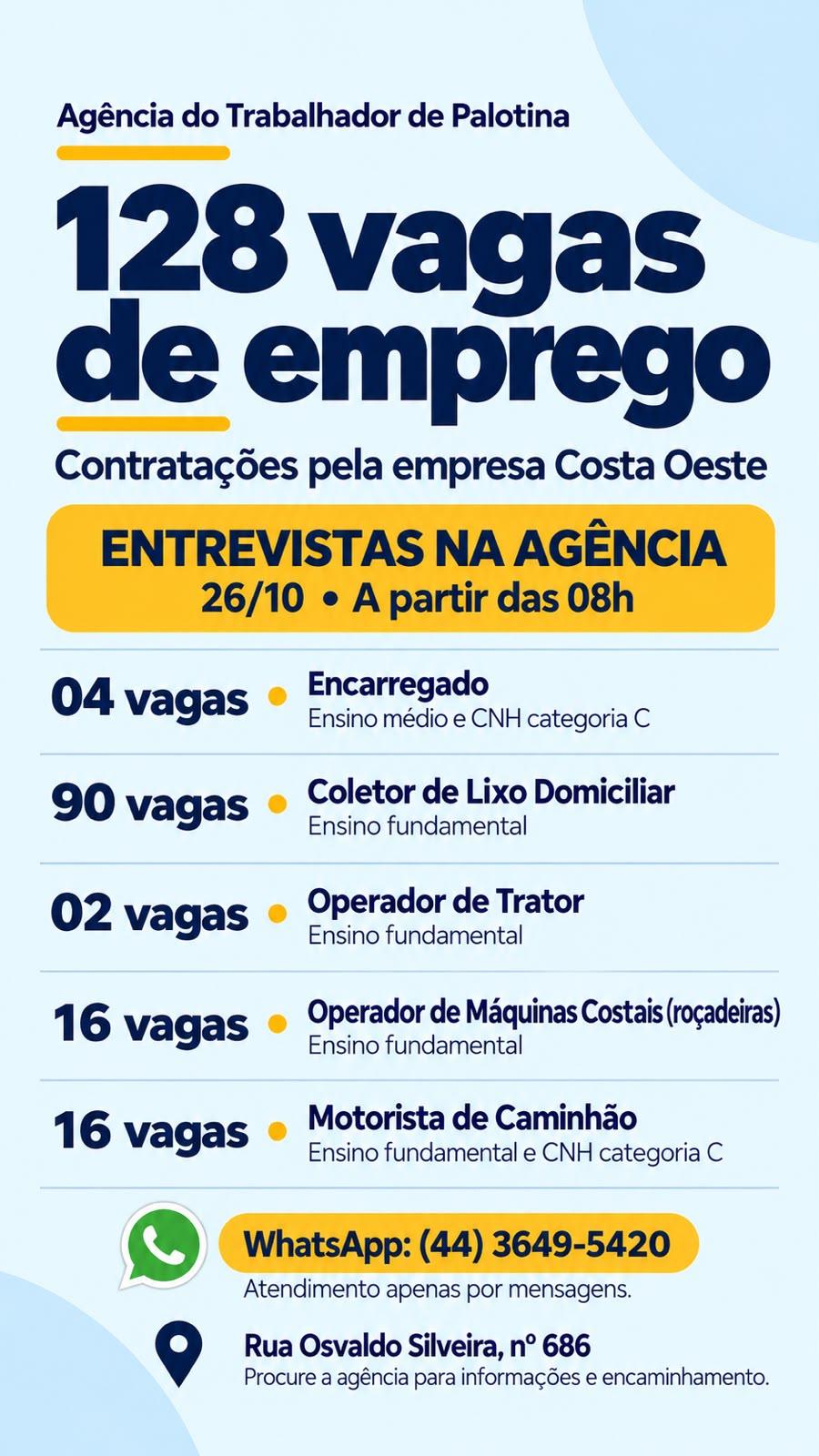 Agência do Trabalhador de Palotina realiza nova rodada de entrevistas para 128 vagas de emprego na segunda-feira (26)