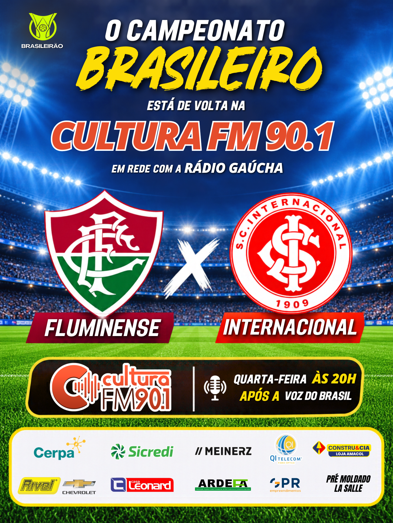 Brasileirão está de volta à Cultura FM 90.1 com transmissão de Fluminense x Internacional